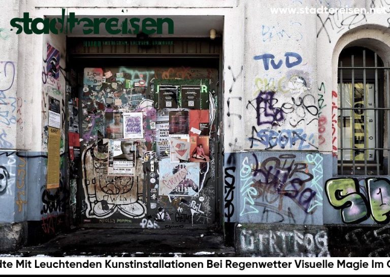 Städte Mit Leuchtenden Kunstinstallationen Bei Regenwetter Visuelle Magie Im Grau